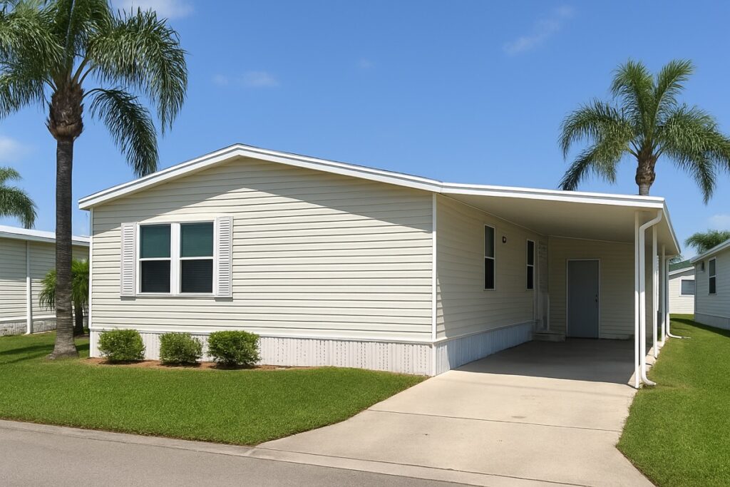 Florida manufactured home with a carport on a sunny day