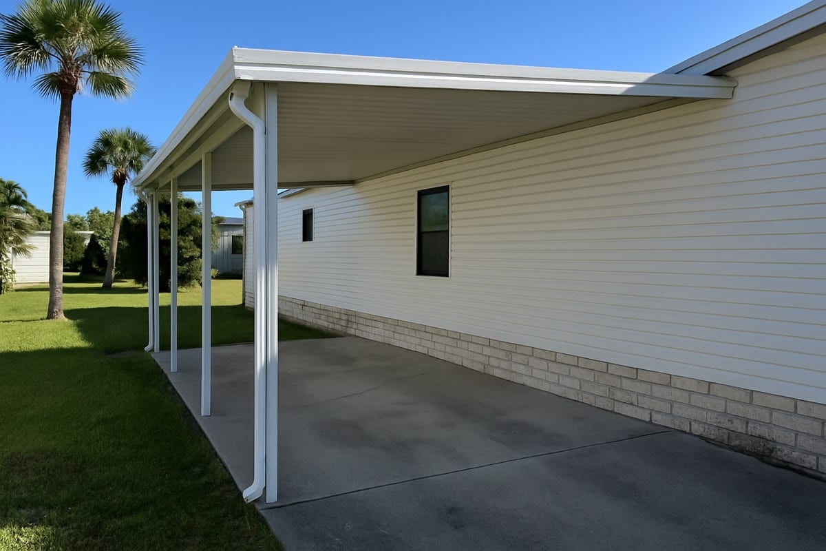 Aluminum carport attached to a Florida manufactured home